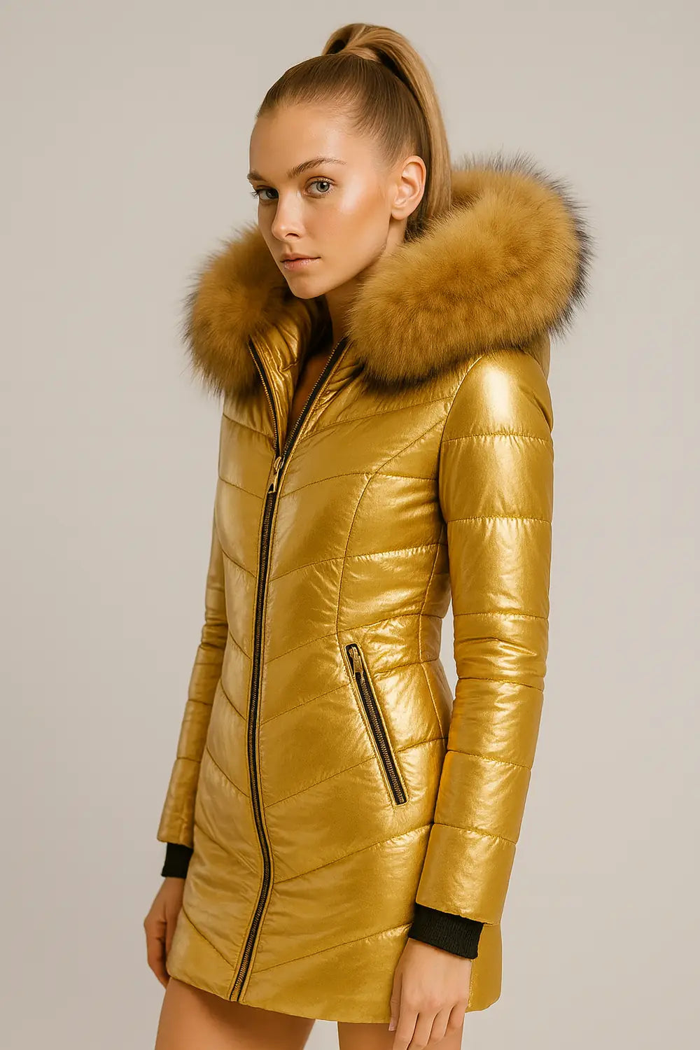 Side view of women's metallic gold puffer jacket with faux fur hood - chic winter coat