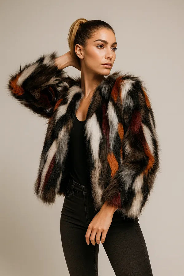 Women's cropped multicolor faux fur jacket with bold pattern - statement winter fashion