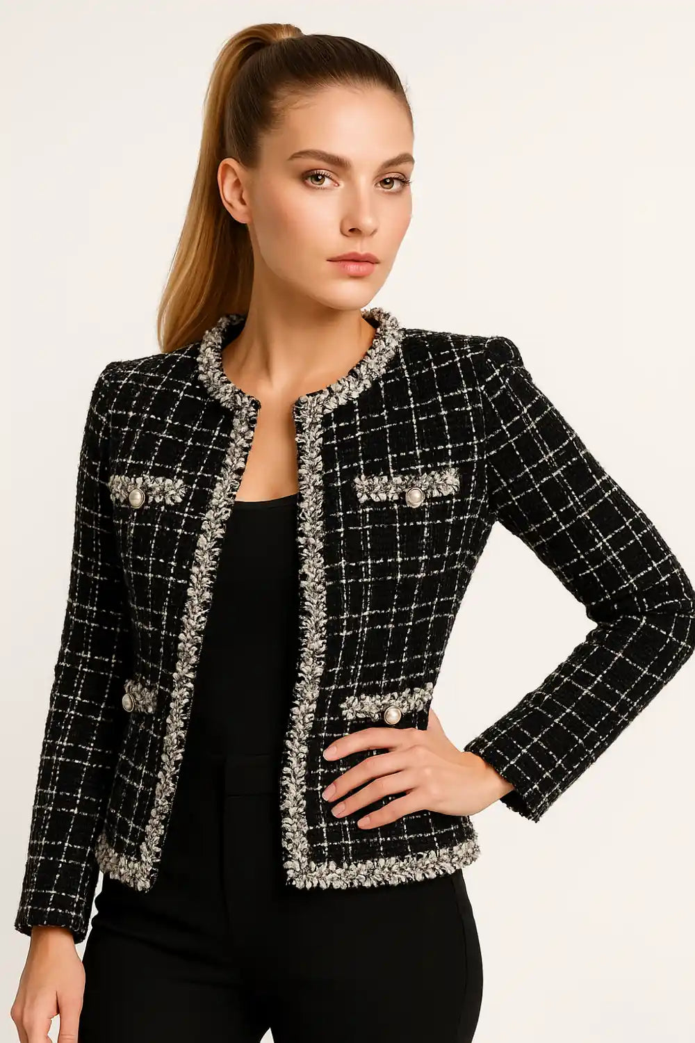 Women’s white tweed cropped jacket with pearl buttons – elegant chic blaze