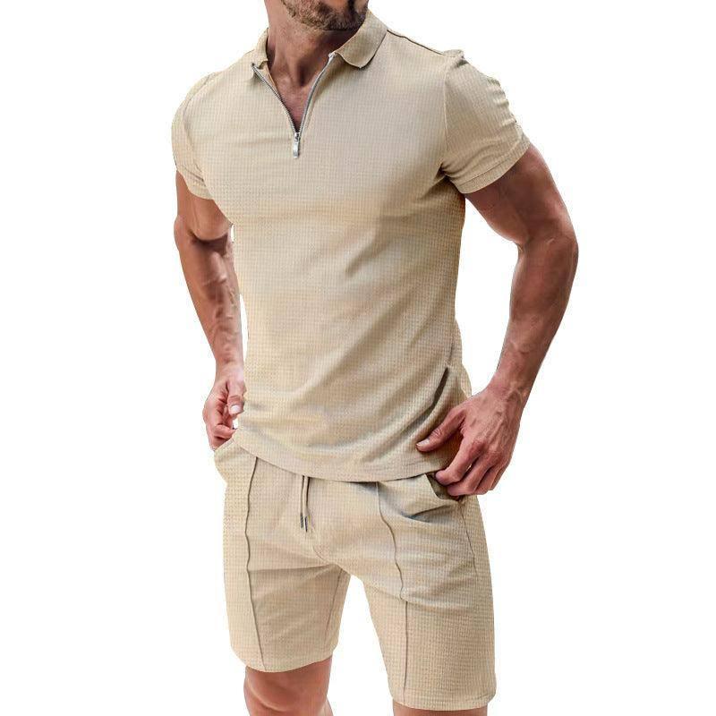 2Pcs Casual Waffle Suit Summer Zipper Lapel Short-sleeved Light Blue / 3XL-Khaki-5