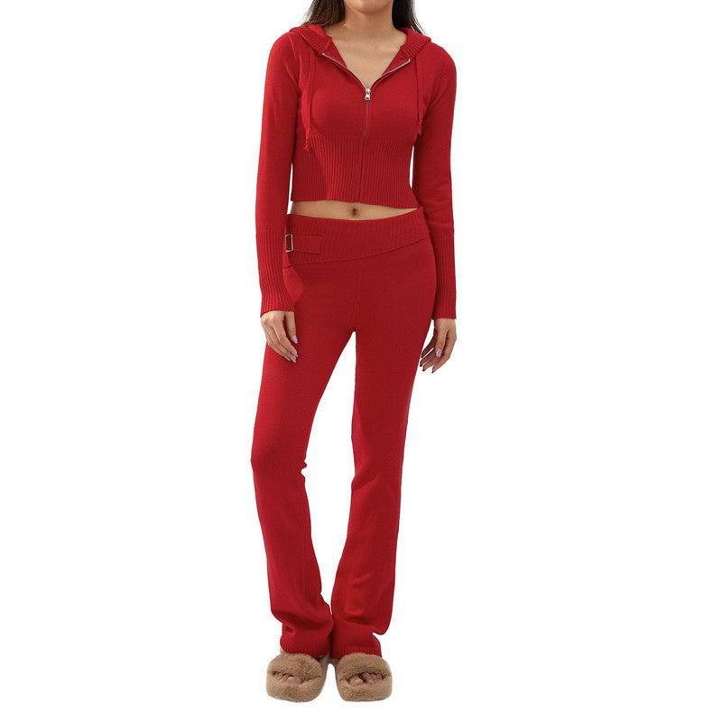 2pcs Knitted Hooded Suits Women's Long-sleeved Cardigan And High Waisted Trousers Clothing-Red-17