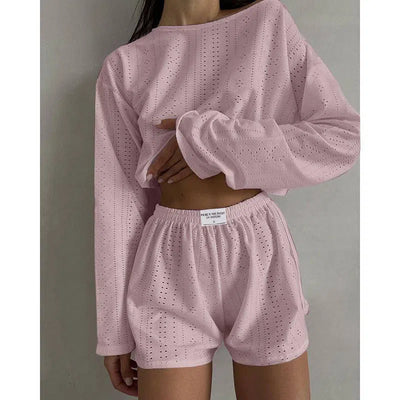 2pcs Women's Suit Long Sleeve Pullover Top And Shorts Fashion Simple Slim Fit Loose Hollow-out Design Suits-Pink-4