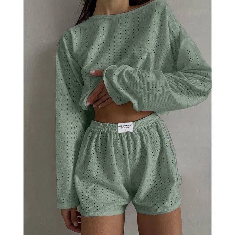 2pcs Women's Suit Long Sleeve Pullover Top And Shorts Fashion Simple Slim Fit Loose Hollow-out Design Suits-Green-5