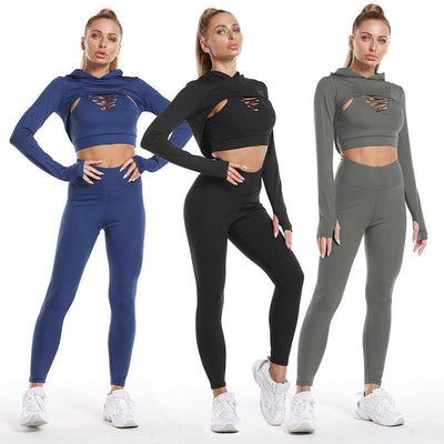 3pcs Sports Suits Long Sleeve Hooded Top Hollow Design Camisole And Butt Lifting High Waist Seamless Fitness Leggings Sports Gym Outfits Clothing-2