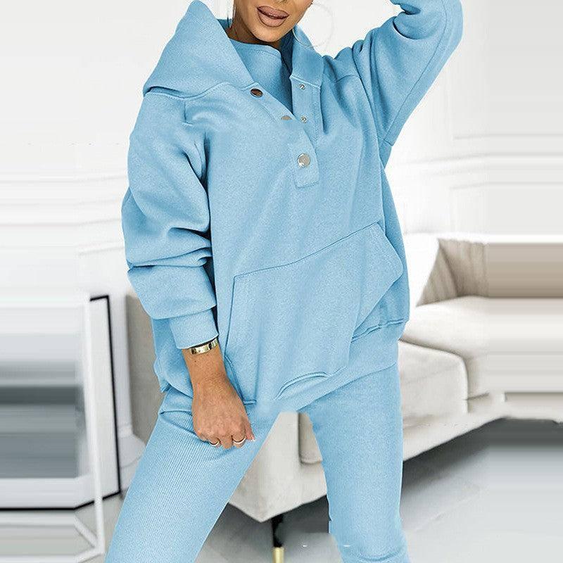 3pcs Women's Sports Suit Loose Hooded Pockets Sweatshirt And-Light Blue-11