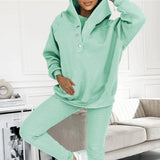 3pcs Women's Sports Suit Loose Hooded Pockets Sweatshirt And-Green-9