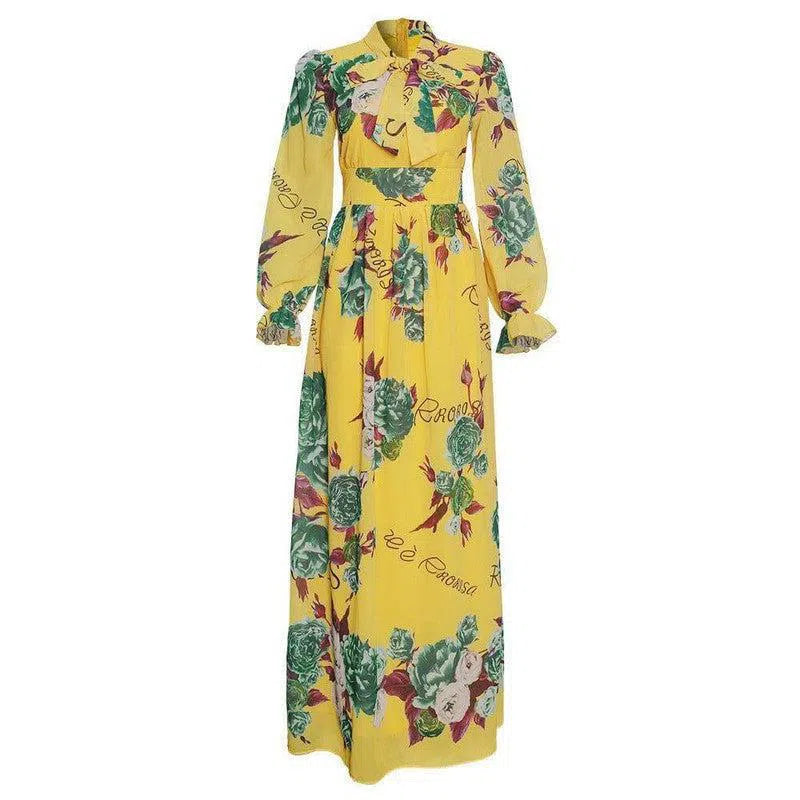 African Clothing Women's Chiffon Print Big Swing Dress Long-Yellow-4