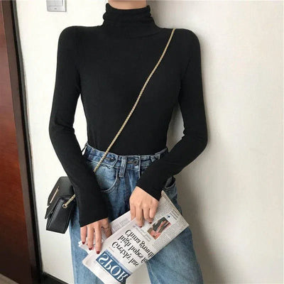 All-matching Solid Color Turtleneck Bottoming Shirt Women's-Black-2