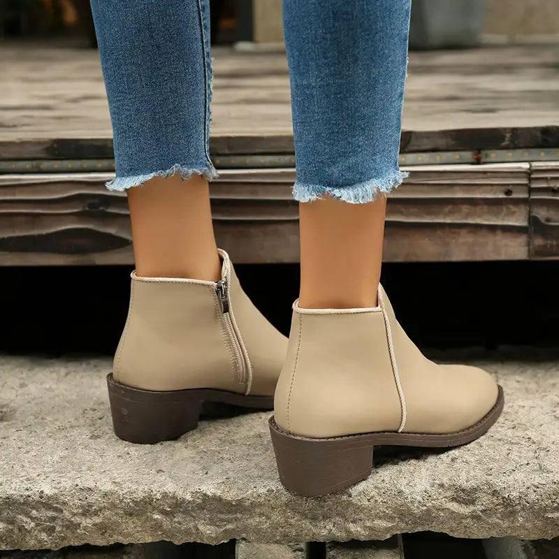 Ankle Boots Women Chunky Mid Heel Shoes Waterproof Side-7