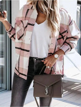 Autumn And Winter Long-Sleeved Plaid Shirt Jacket Women-Pink-13