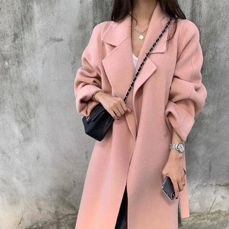 Autumn And Winter Mid-length Loose-fitting Side Slit Woolen-Pink-2