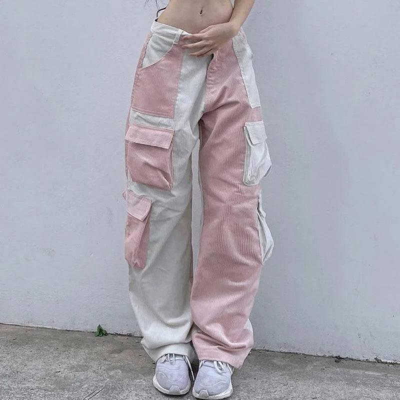 Baggy High Waist Contrast Patchwork-Pink-7