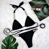 Bandage Cross Bikini Solid Color Metal Diamond Swimsuit-Black-3