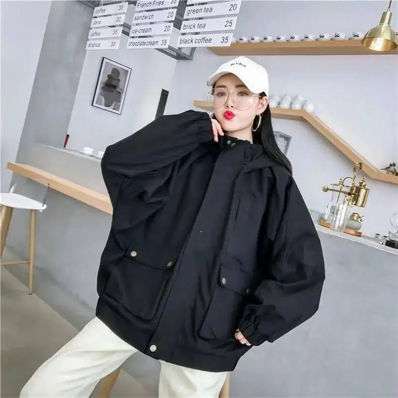 Baseball clothing women's jacket spring and autumn new-Black-2