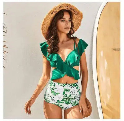 Bikini Women's Cross Swimsuit Off-shoulder Bikini Suit-Green-5