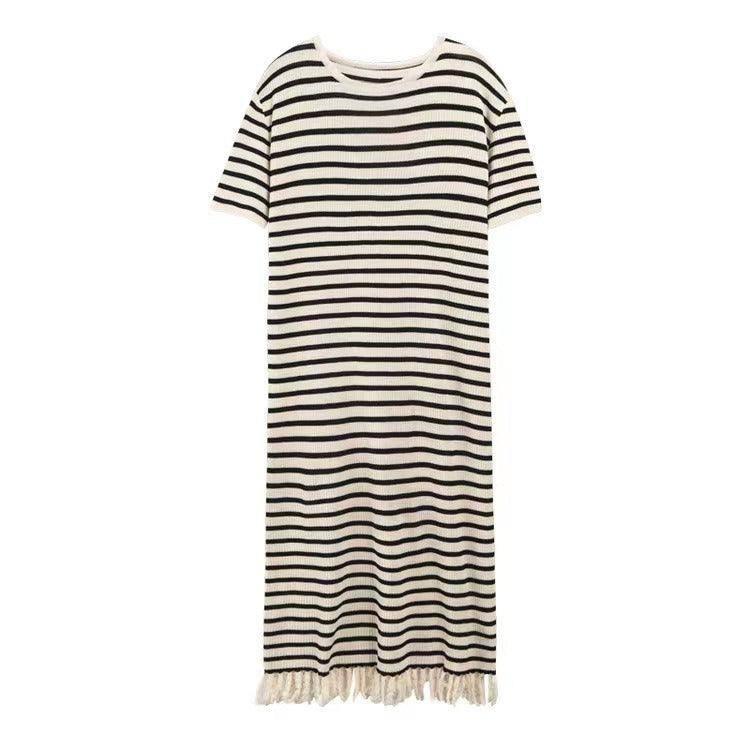 Black Knit Striped Dress Short Sleeve Women Dress maxi dress-1