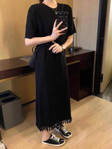 Black Knit Striped Dress Short Sleeve Women Dress maxi dress-black-6