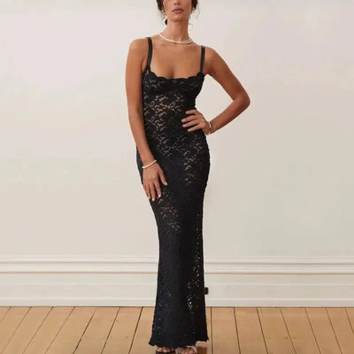 Black Lace See Through Maxi Dress - Sexy Spaghetti Strap-Black-7