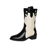 Black White Cowboy Boots Women Low Heel Mid Calf Shoes-Black and white-11