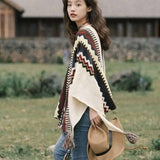 Bohemian Style Tassel Cape Knitted Warm Scarf-Beige-5