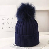 Boys And Girls Woolen Fox Fur Ball Knit Hat-NavyBlue-11