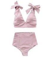 Bubble SmallKorean Bow Swimsuit Female High Waist-Pink-2