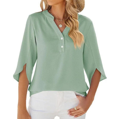 Button V-neck Mid-sleeve Chiffon Shirt Solid Color Top Womens Clothing-Green-6