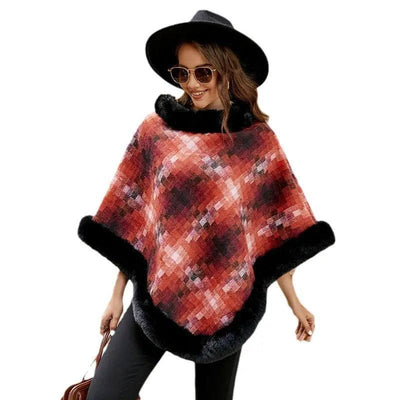 Cape Colored Plaid Thermal Knitting Shawl Women's Coat-2