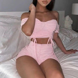 Card-shoulder mesh crop top hot pants two-piece suit-Pink-1