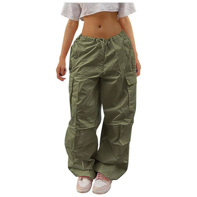 Casual Cargo Pants For Women Solid Color Drawstring Pocket Design Fashion Street Trousers Girls-Army Green-8