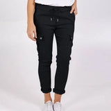 Casual Cargo Pants With Pockets Solid Color Drawstring Waist Pencil Trousers For Women-Black-5