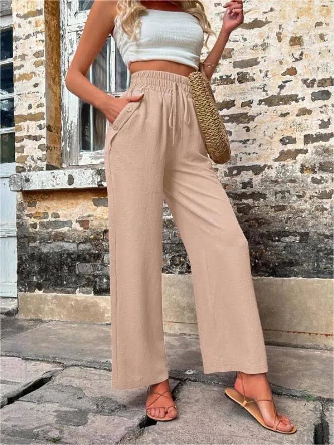 New Casual Pants With Pockets Elastic Drawstring High Waist Loose Trousers For Women-Khaki-9