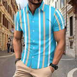 Casual Striped Printed Short Sleeve Shirt Summer Lapel Olive Green / 3XL-Sky Blue-3