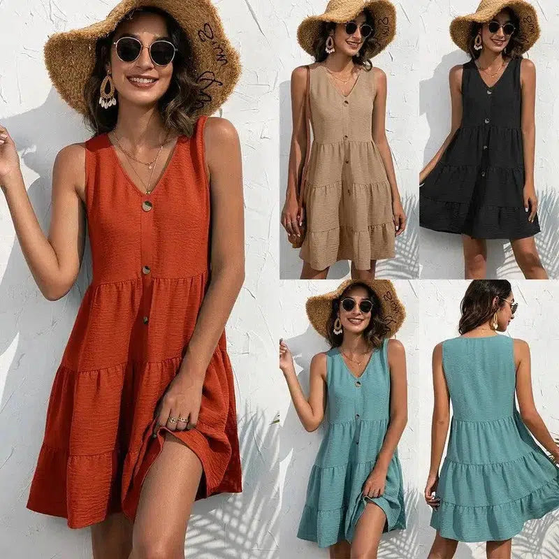 Casual V-Neck Embellished Button Sleeveless Tank Dress-1