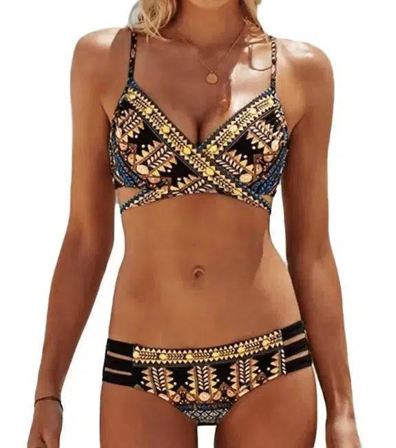 Chest cross straps ethnic style print sexy bikini bikini-S-1