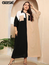 GIBSIE Plus Size Color Block Patchwork Shirt Dress Women Spring Summer Oversized 3/4 Sleeve Pocket Casual Maxi Long Dresses-4