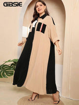 GIBSIE Plus Size Color Block Patchwork Shirt Dress Women Spring Summer Oversized 3/4 Sleeve Pocket Casual Maxi Long Dresses-5