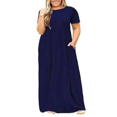 Big size Dress Women Summer Large Size Short Sleeve Print Wear-Resistant Long Dress Plus Size Fat MM Women Clothing Maxi Dress-solid navy-7