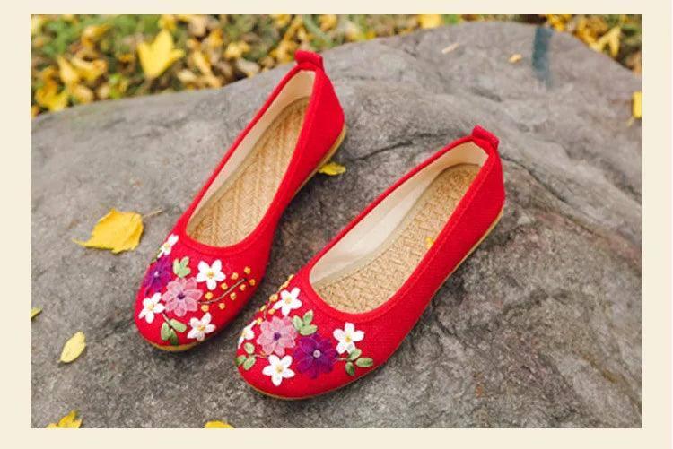 Vintage Flats Flower Slip On Cotton-Red-11