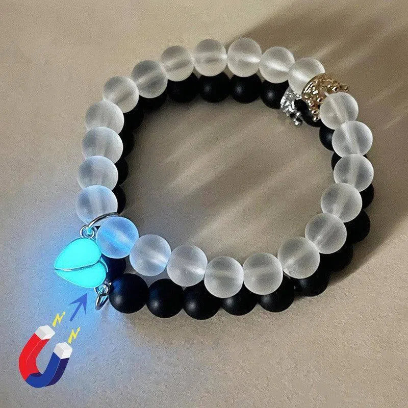 Fashion Jewelry 2pcs Handmade Crown Beaded Charms Bracelet Luminou Heart Glow In The Dark Couple Bracelet For Lover Men Women Fluorescent Gift-1