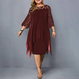 New Elegant Lace Plus Size Dresses Women Hollow Out Oversize Dress Loose Casual Vestidos De Fiesta Midi Robes Femme-Burgundy-7