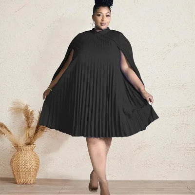 Plus Size Women Oversized Pleat Dress Mock Neck Cloak Sleeve Loose Short Dresses Curve Female Summer Birthday Party Club Wear-black-7