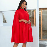 Plus Size Women Oversized Pleat Dress Mock Neck Cloak Sleeve Loose Short Dresses Curve Female Summer Birthday Party Club Wear-Red-8