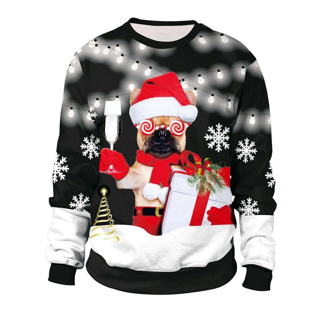 Christmas digital print crew neck couple sweater-Black-1