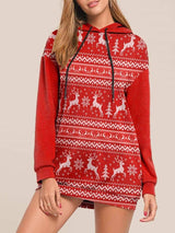 Christmas Elk Print Long-sleeved Hooded Sweater Women-Red-2