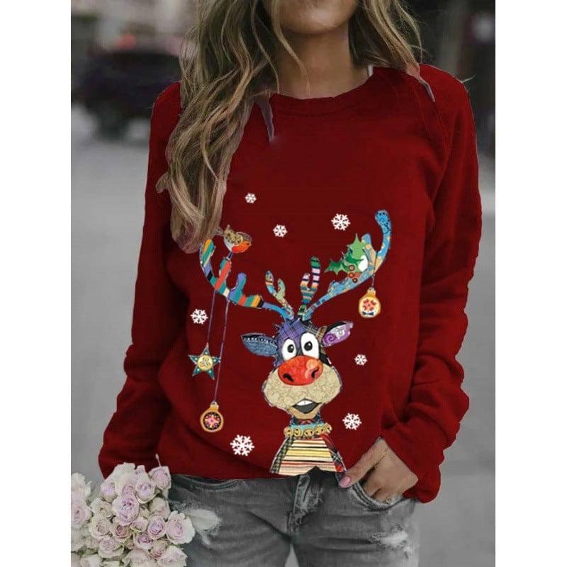 Christmas Pattern Printing Long Sleeve Crew Neck Sweater-Wine Red-11