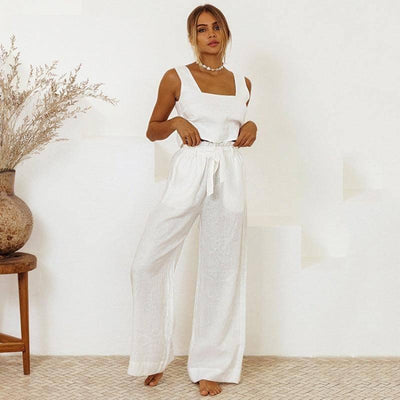 Cotton And Linen Wholesale Vest Sleeveless Trousers Loose Outfit Fashion Suit-White-4