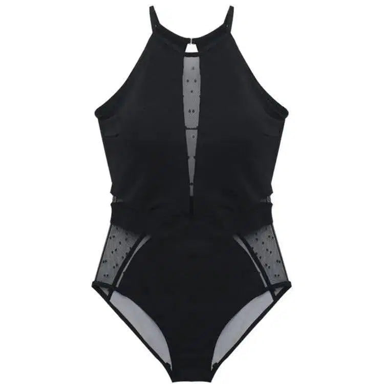 Cover Belly Slim Swimsuit Black Mesh One-piece Bikini-Black-2