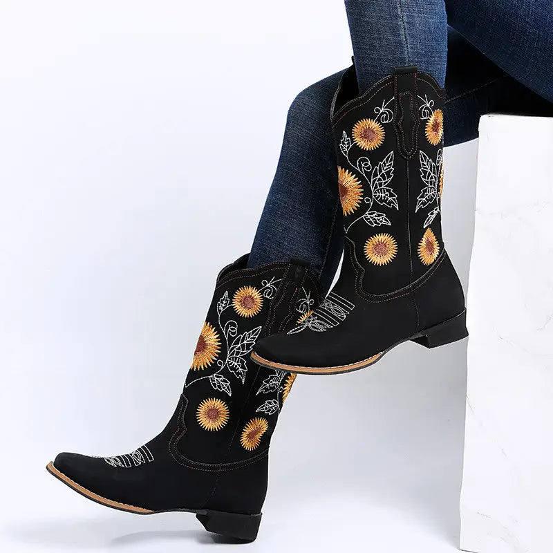 Cowboy Boots Women Sunflower Embroidery Shoes Low Heel-2