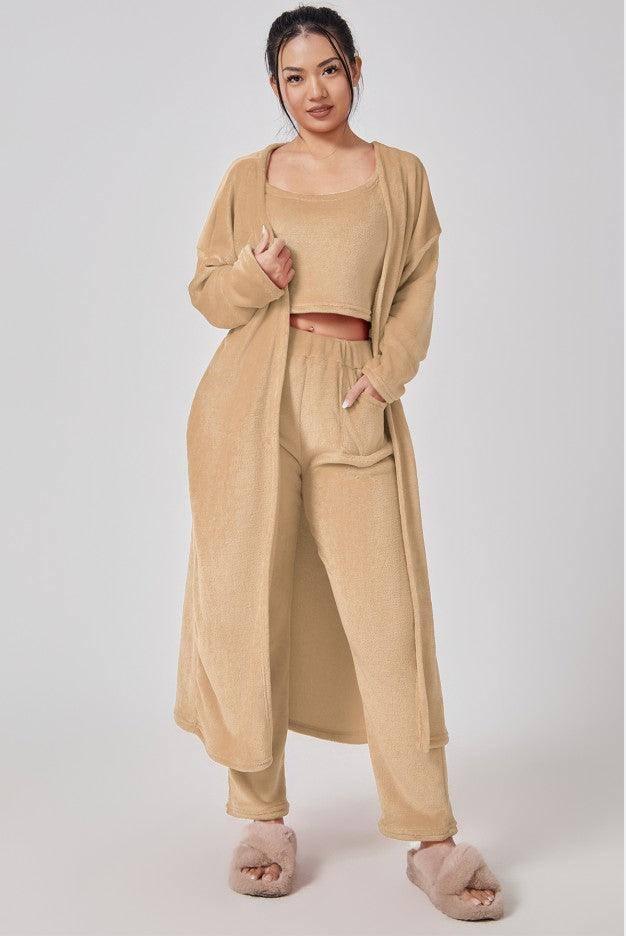 Cozy Pajama Set, 3 Piece Lounge Set, Cute Loungewear, Warm-Camel-12